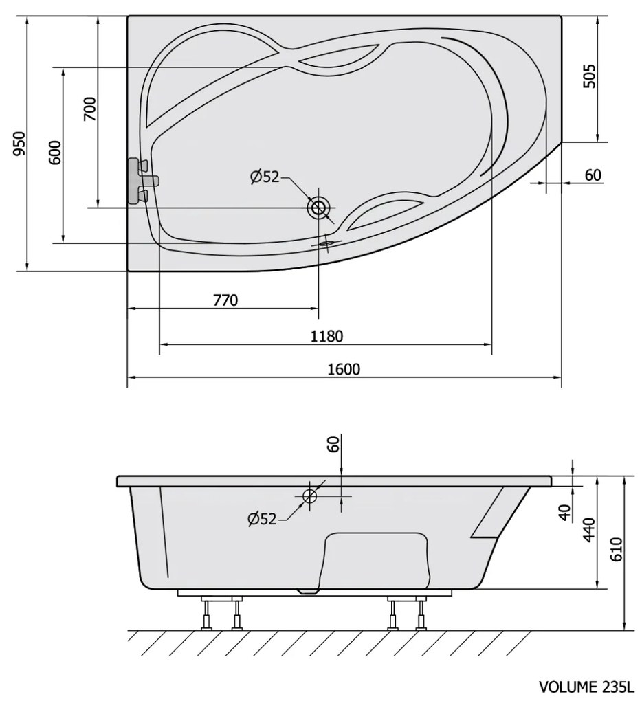 Polysan Mamba asymmetrisch bad links 160x95x44cm wit