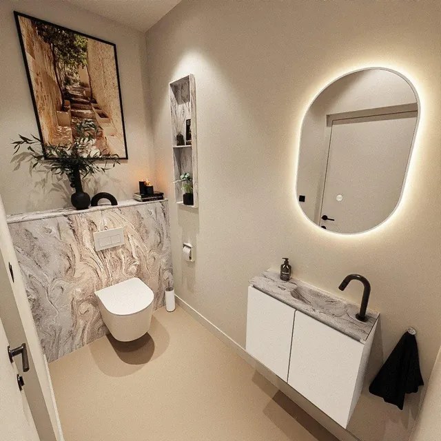 MONDIAZ TURE-DLUX 60cm toiletmeubel Talc. EDEN wastafel Glace positie rechts. Met 1 kraangat. TUREDX60TALR1GLA