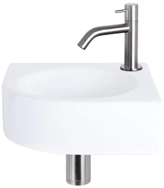 Differnz Cleo fonteinset - 30x30x10cm - Kwartrond - 1 kraangat - Gebogen matte chromen kraan - Keramiek Wit SW543205/SW679885/SW679905/SW696217