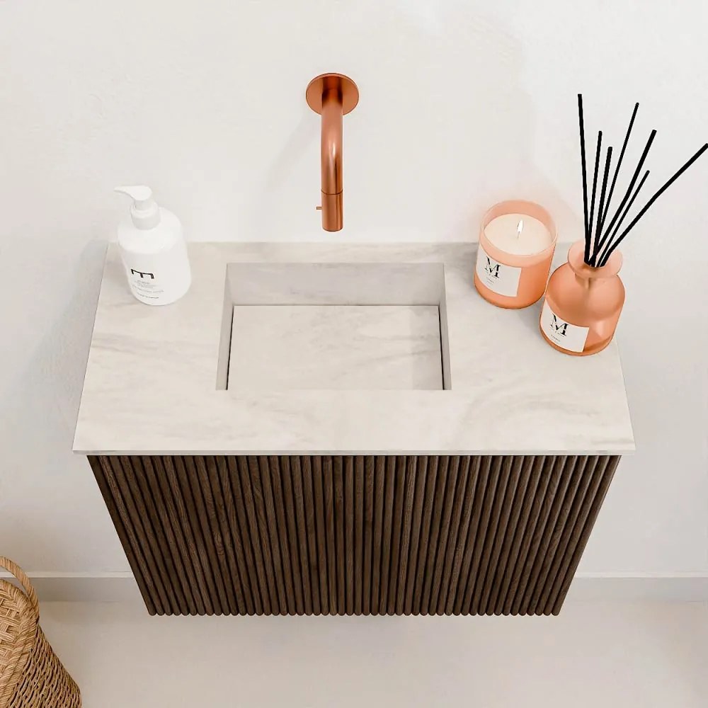 Mondiaz Joya DLux 50cm toiletmeubel walnut met wastafel faye links zonder kraangat ostra