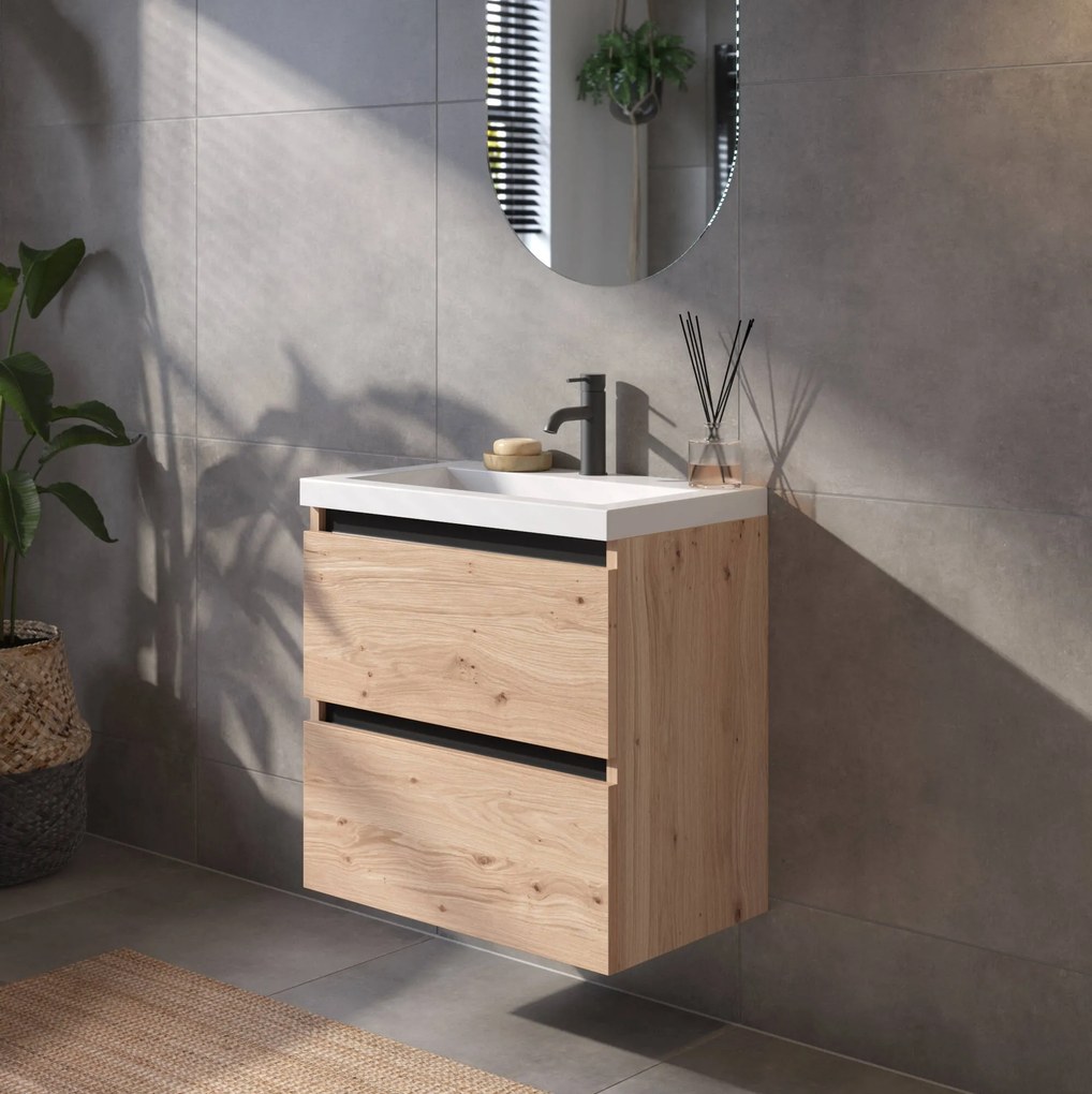 Saqu Gaia ondiep badmeubel incl. glans witte wastafel 60x40x64cm naturel eiken – zwarte greeplijst