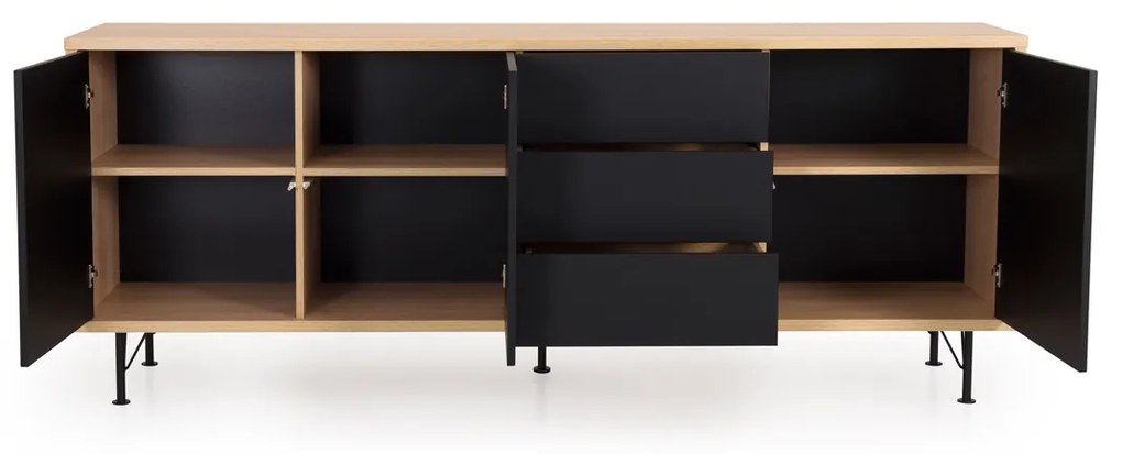 Tenzo Flow Groot Dressoir Mat Zwart Eiken - 206x44x79cm.