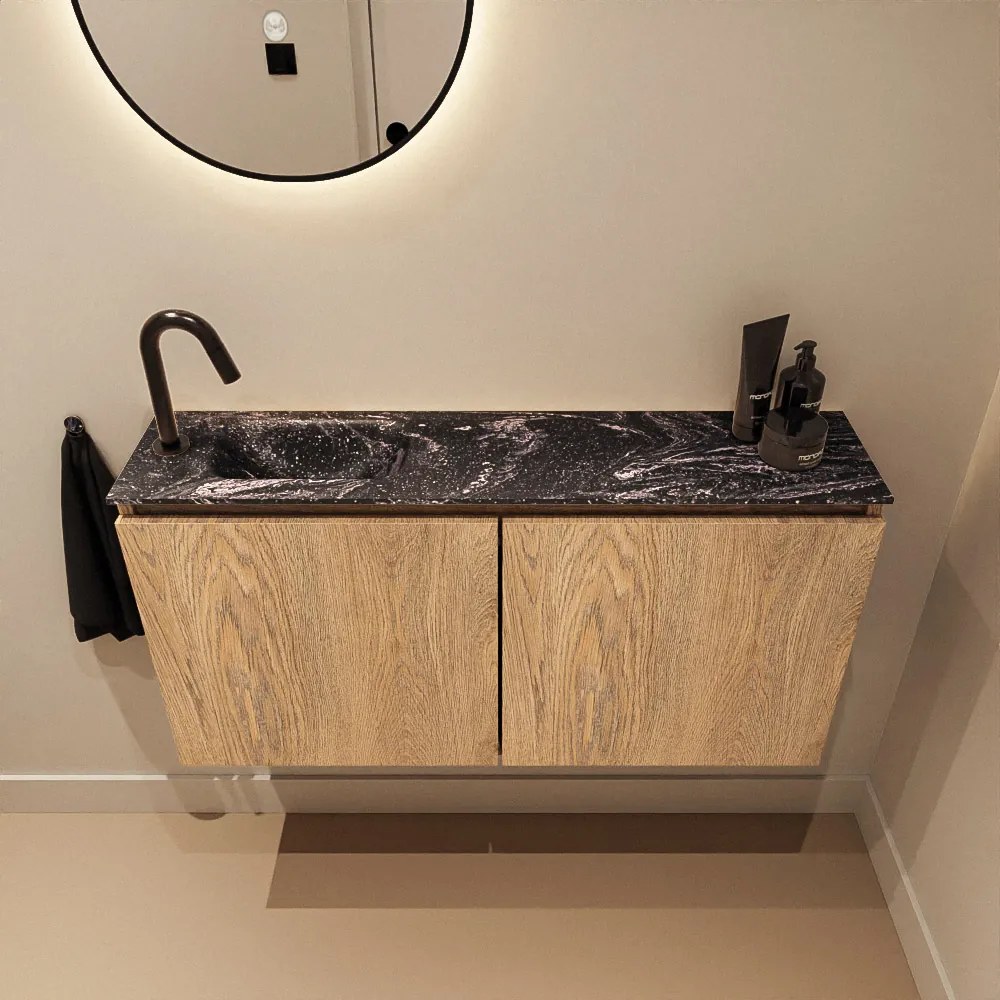 Mondiaz Ture DLux toiletmeubel 100cm washed oak met wastafel lava links met kraangat