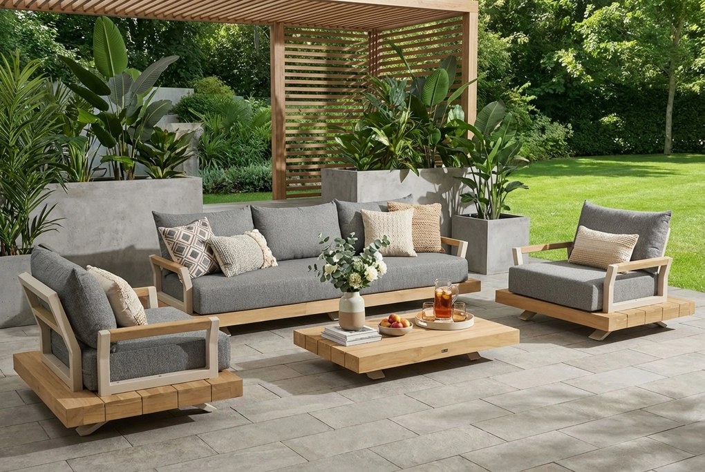 Stoel en Bank Loungeset 5 personen Aluminium/Teak Old teak greywash Santika Furniture Santika