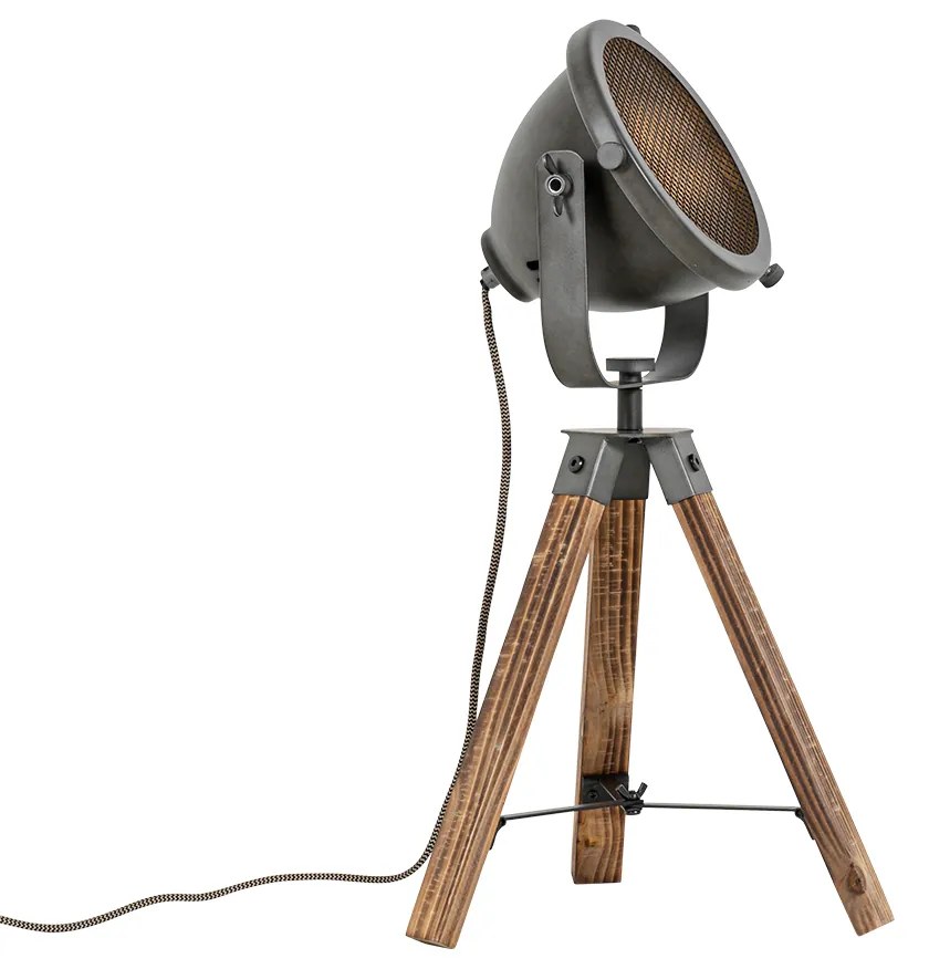 Industriële tafellamp tripod staal met hout kantelbaar - Emado