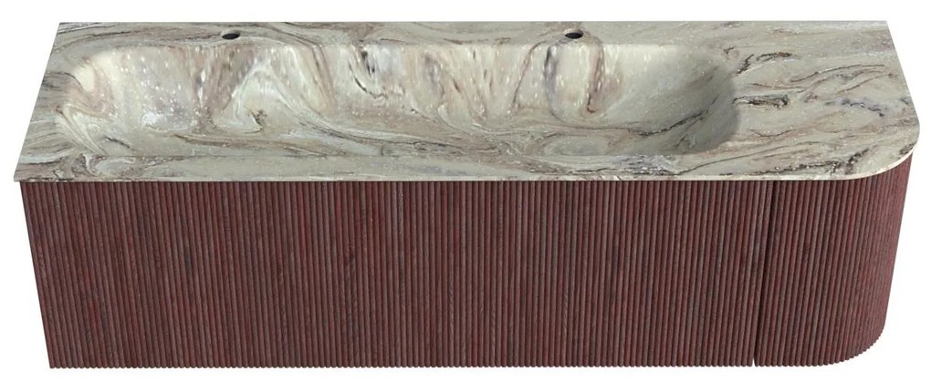 Mondiaz Kurve-dlux 145cm badmeubel ronding rechts ruby met 1 lade en deur en wastafel big large links 2 kraangaten glace
