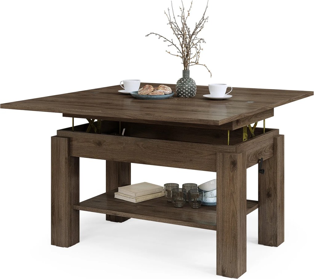 BRAVO elegant noten – uitschuifbare en in hoogte verstelbare salontafel, tafel met plank