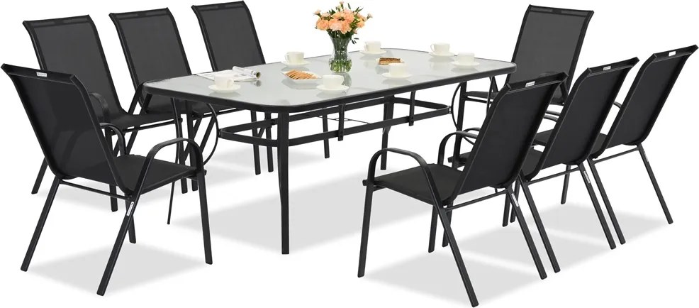 Modena metalen tuinmeubel voor 8 personen met grote tafel Garden Point zwart