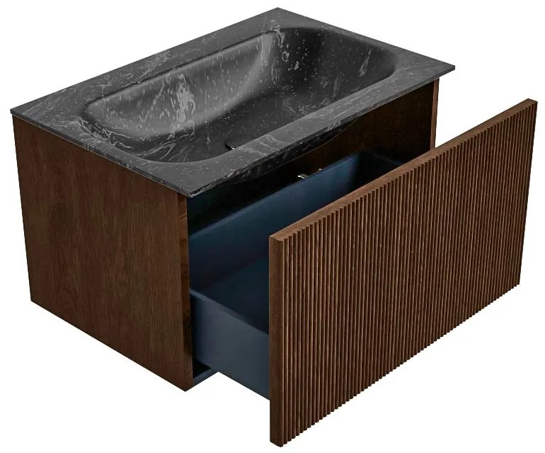 Mondiaz Kurve-dlux 70cm badmeubel walnut met 1 lade en wastafel big small midden 1 kraangat lava