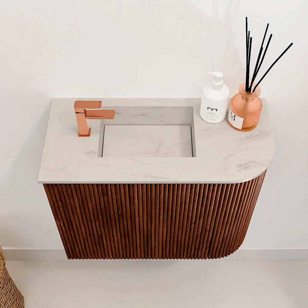 Mondiaz Joya DLux 50cm toiletmeubel ronding rechts ruby met wastafel faye links 1 kraangat opalo