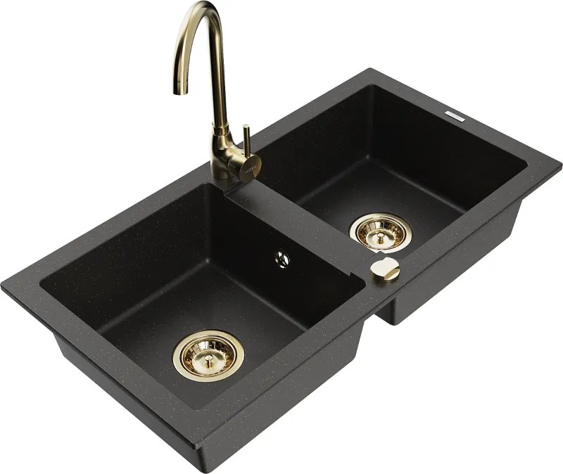 Mexen Mario granitische 2-komoren spoelbak met keukenmengkraan Telma, zwart/goud - 6504-75-670200-50
