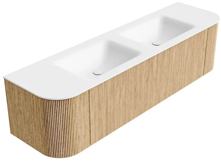 Mondiaz Kurve 170cm badmeubel ronding links/rechts oak met 1 lade en 2 deuren en wastafel cloud dubbel zonder kraangat