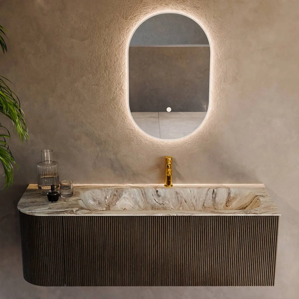 Mondiaz Kurve-dlux 135cm badmeubel ronding links shadow met 1 lade en deur en wastafel big medium kraangat rechts glace