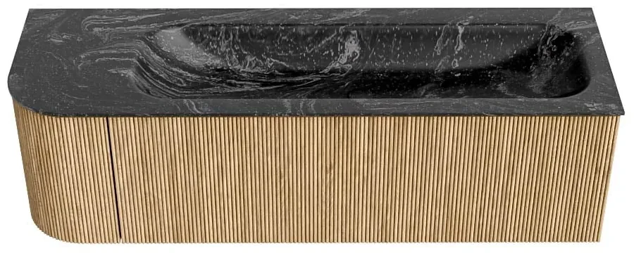 Mondiaz Kurve-dlux 145cm badmeubel ronding links oak met 1 lade en deur en wastafel big large rechts 2 kraangaten lava