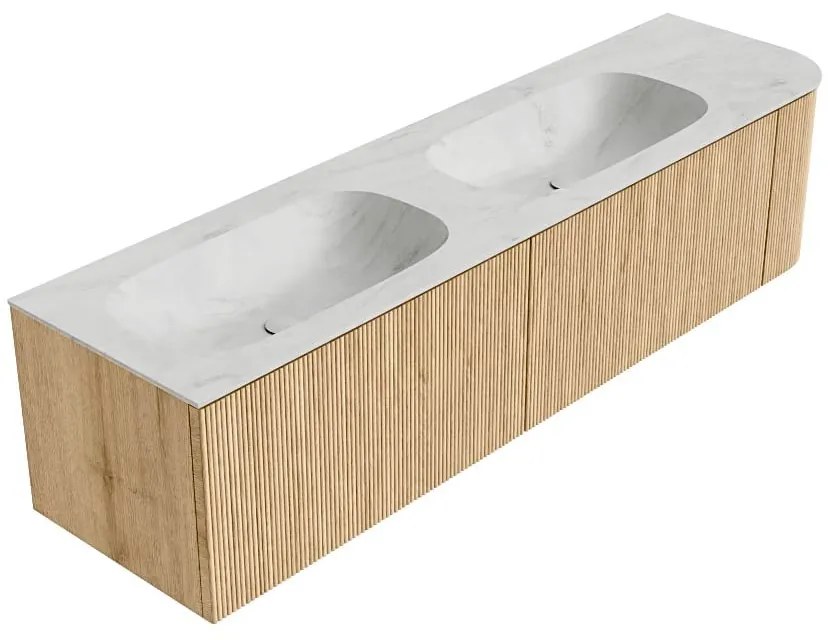 Mondiaz Kurve-dlux 175cm badmeubel ronding rechts oak met 2 lades en 1 deur en wastafel stor small dubbel/links zonder kraangat opalo