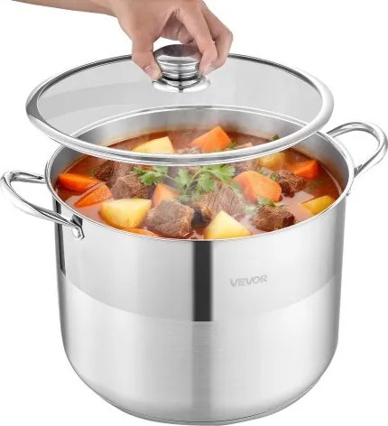 VEVOR roestvrijstalen steelpan 15,1 liter, grote soeppan met glazen deksel, geschikt voor inductiekookplaten, hoogwaardige pastapan, PFOA-vrij, PFAS-vrij, voor gas- en elektrische kookplaten, ideaal voor stoofschotels, pasta en grote porties voor het hele