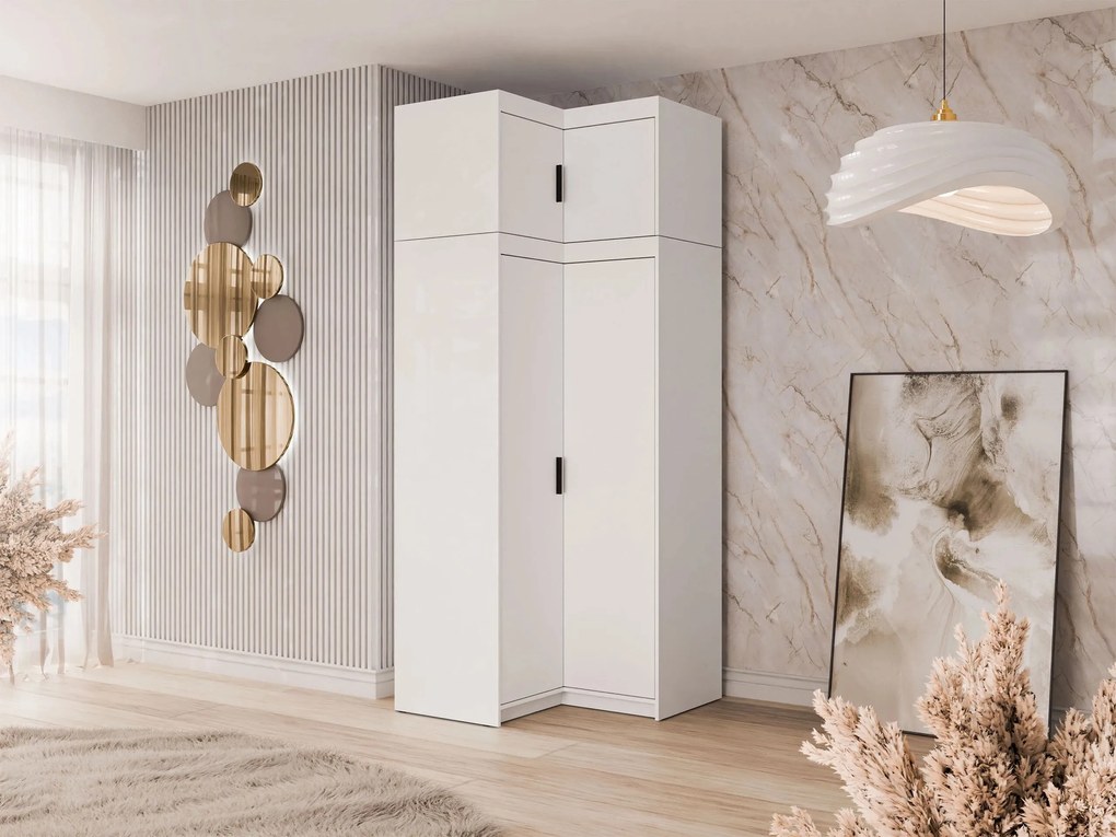 Hoekkledingkast Novduni 121, Wit, 246x98x98cm, 144 kg, Kledingkast deuren: Met scharnieren