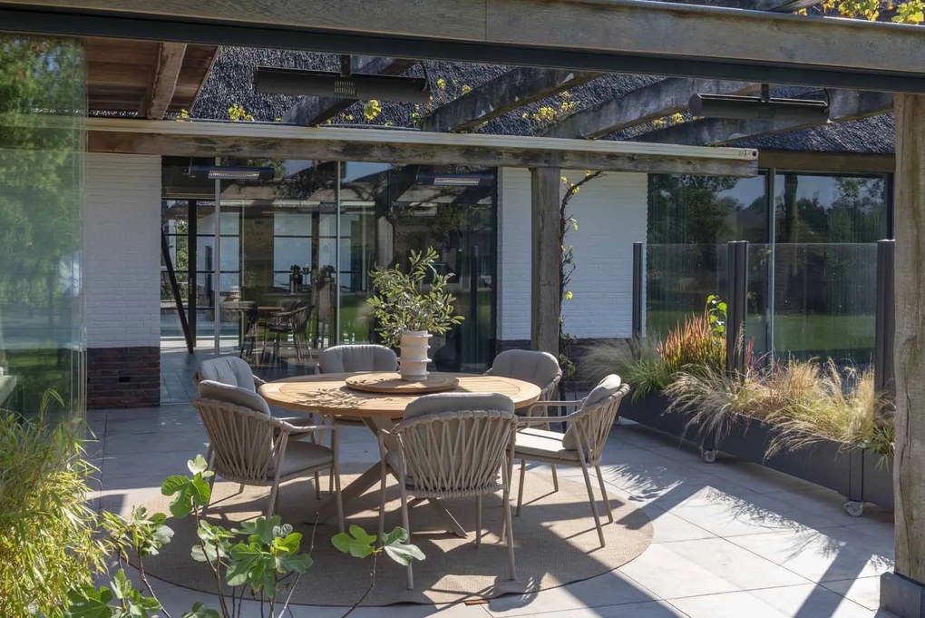 Taste by 4 Seasons Manitoba tuinset latte met Prado tuintafel latte teak blad Ø 160 cm SALE Tuinset taupe weerbestendig