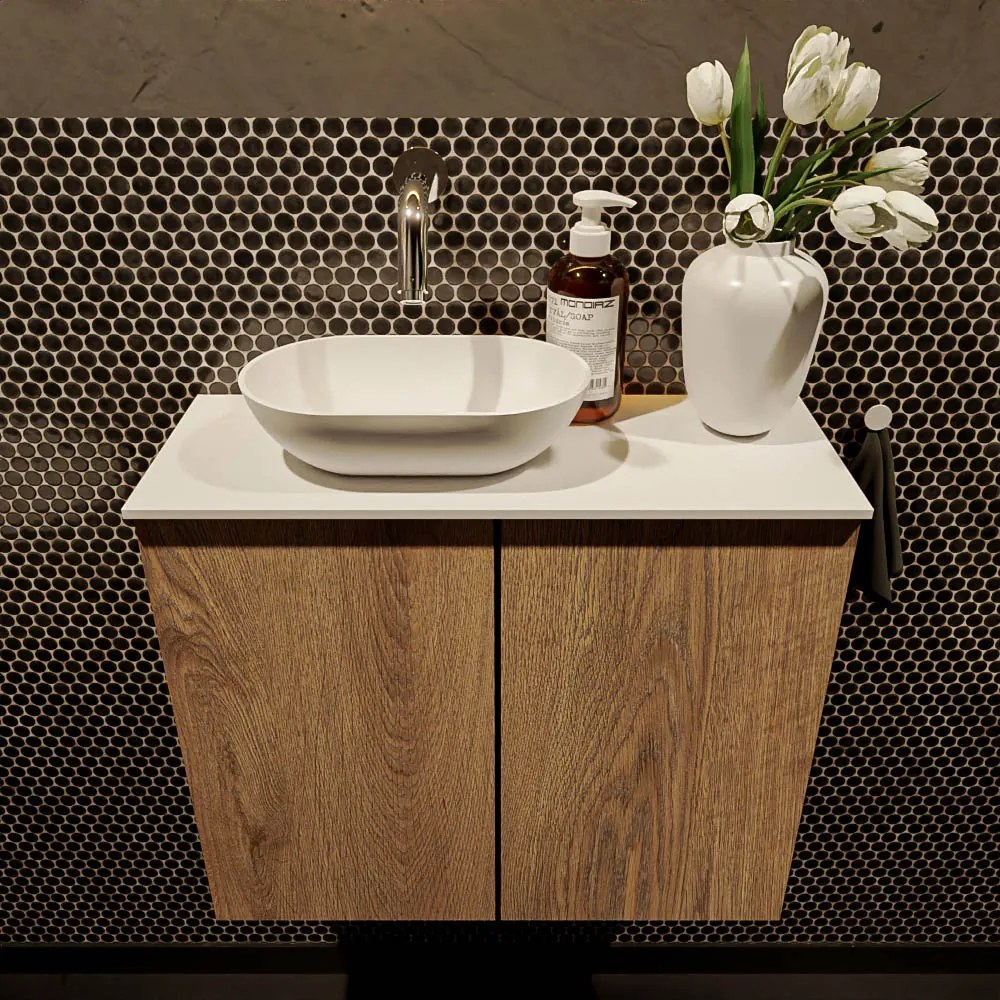 Mondiaz Fowy toiletmeubel 60cm washed oak met witte waskom links zonder kraangat