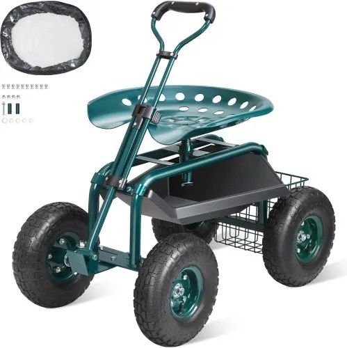 VEVOR rollende werkplaatswagen van staal tot 136 kg draagvermogen tuinwagen met 25 cm handgreep en 45-54 cm in hoogte verstelbare zitting wagen 30 PSI bandenspanning werkstoel tuinstoel groen