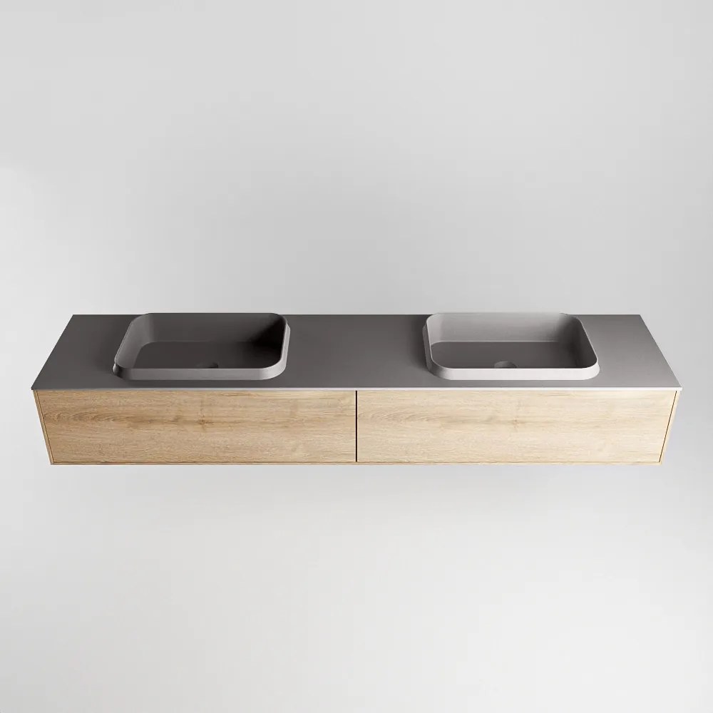 Mondiaz Erin 200cm badmeubel Washed Oak met 2 lades en donkergrijze wastafel dubbel zonder kraangaten