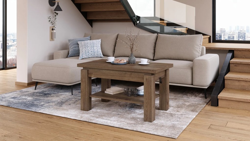 BRAVO bruin eiken – uitschuifbare en in hoogte verstelbare salontafel, tafel met plank