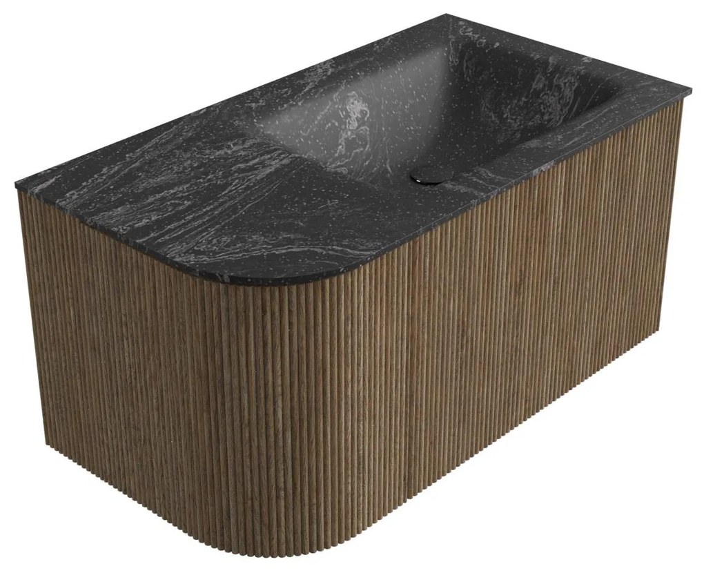 Mondiaz Kurve-dlux 85cm badmeubel ronding links dusk met 1 lade en deur en wastafel cloud rechts zonder kraangat lava