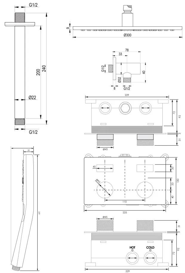 Brauer Gunmetal Carving thermostatische inbouw regendouche met 3 standen handdouche, plafondarm en hoofddouche 30cm set 60 gunmetal geborsteld PVD