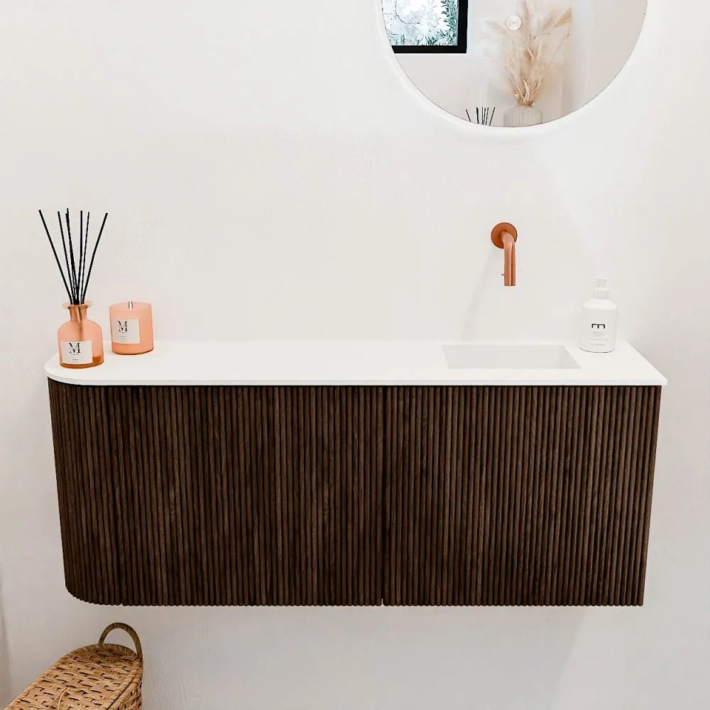 Mondiaz Joya 100cm toiletmeubel ronding links walnut met wastafel faye rechts zonder kraangat talc