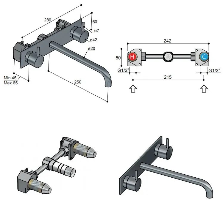 Hotbath Cobber inbouw wastafelkraan 25cm met plaat verouderd ijzer