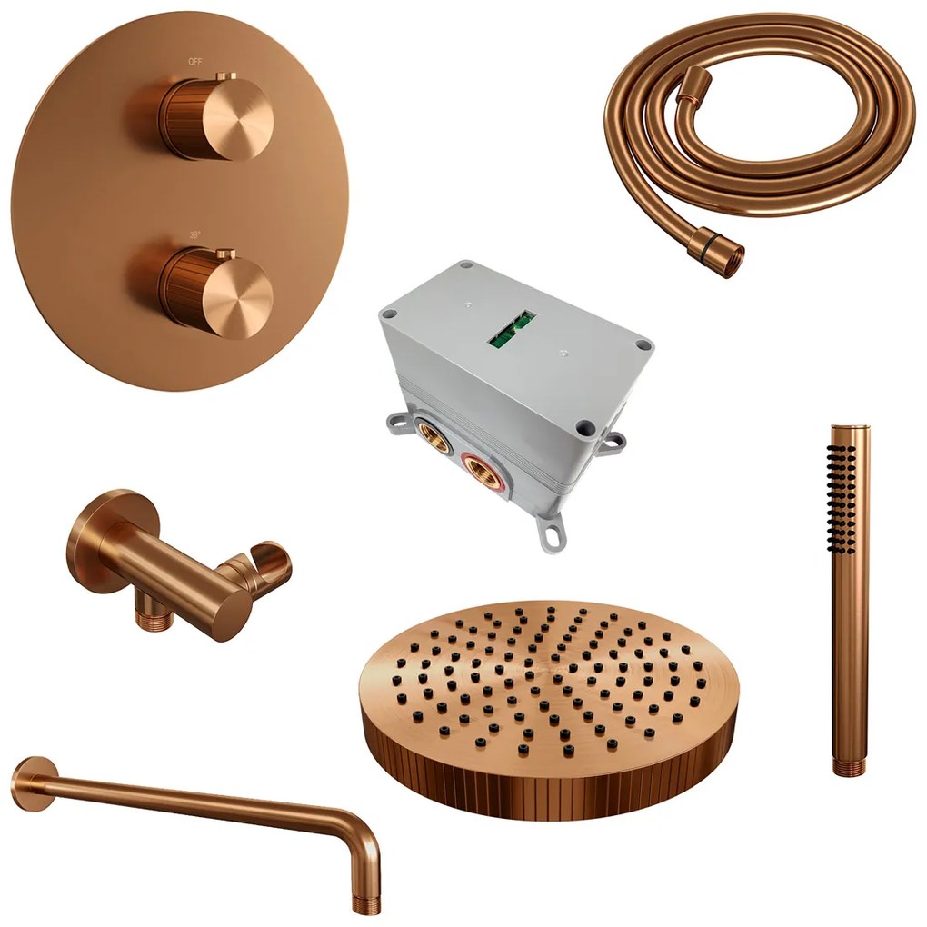 Brauer Stripe inbouw regendouche rond met 25cm hoofddouche, gebogen muurarm en staafhanddouche set 38 koper geborsteld PVD
