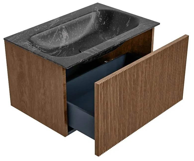 Mondiaz Kurve-dlux 70cm badmeubel walnut met 1 lade en wastafel big small midden 1 kraangat lava