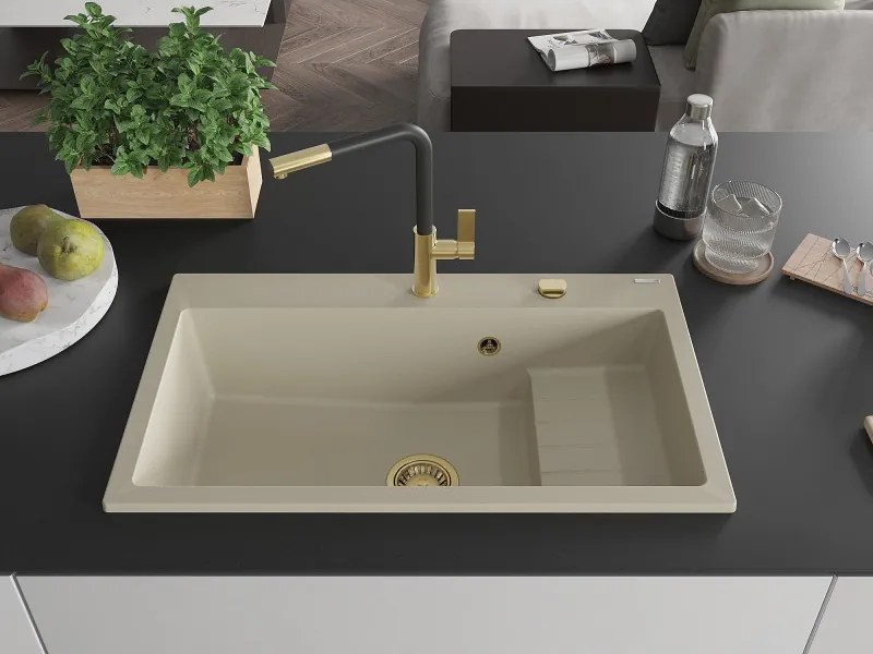 Mexen Omar granieten spoelbak 1-kamer 800 x 480 mm, beige, gouden sifon - 6520801005-69-G