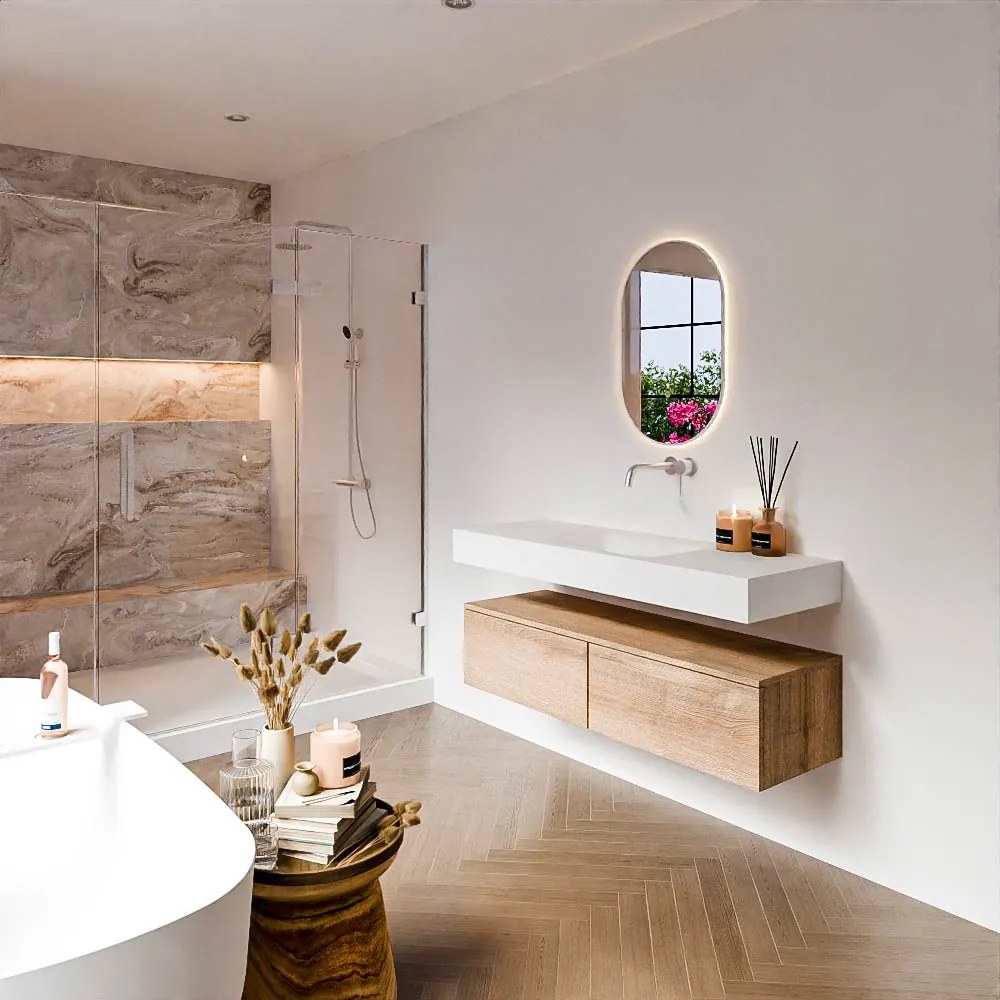 Zaro Alan badmeubel 130cm washed oak 2 lades met vrijhangende wastafel cloud midden zonder kraangat talc