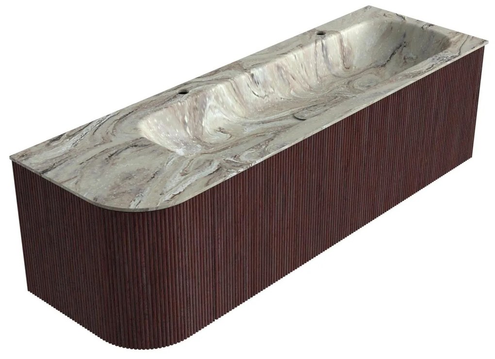 Mondiaz Kurve-dlux 145cm badmeubel ronding links ruby met 1 lade en deur en wastafel big large rechts 2 kraangaten glace