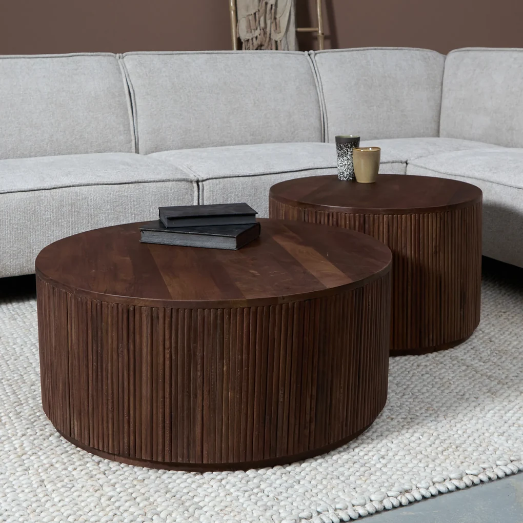 Ronde Salontafel Set Ribbel Hout