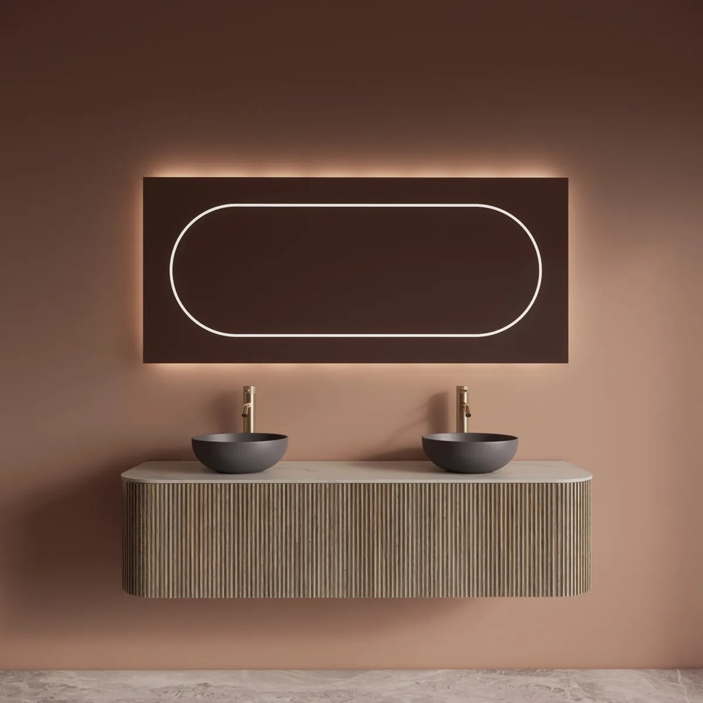 Gliss Design Alluro badmeubel ribbelfront met ronding links/rechts 160cm corn silk en wit marmer toppaneel