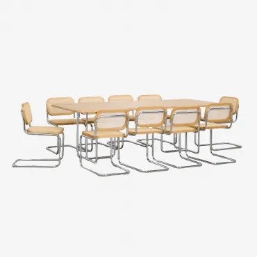 Rechthoekige Eettafelset 240x100 Cm In Mdf En Roestvrij Staal En 10 Eettafelstoelen Van Riet Tento Essenfineer - Sklum