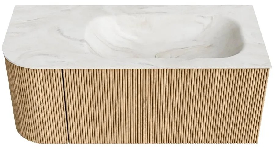 Mondiaz Kurve-dlux 105cm badmeubel ronding links oak met 1 lade en deur en wastafel big small rechts zonder kraangat ostra