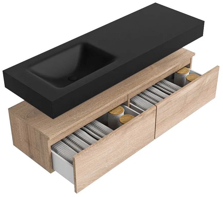 Zaro Alan badmeubel 140cm washed oak 2 lades met vrijhangende wastafel cloud links zonder kraangat urban
