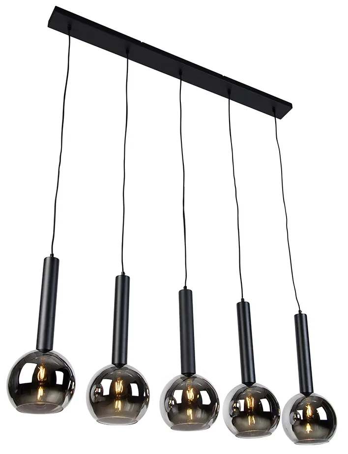 Eettafel / Eetkamer Moderne hanglamp zwart met smoke glas 5-lichts - Clayton Modern E27 bol / globe / rond Binnenverlichting Lamp