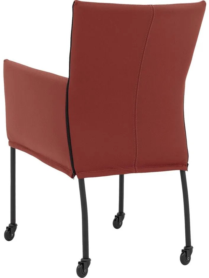 Goossens Eetkamerstoel Funk Zwarte Poten rood leer met armleuning en Zwart skater wiel met zwarte kapmet wielen, modern design