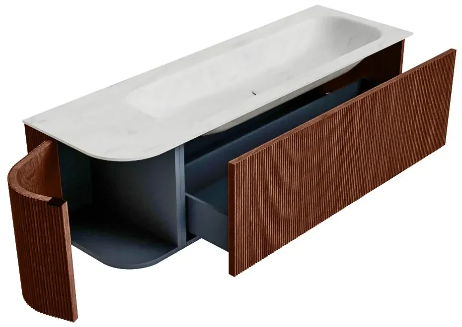 Mondiaz Kurve-dlux 145cm badmeubel ronding links ruby met 1 lade en deur en wastafel big large rechts zonder kraangat opalo
