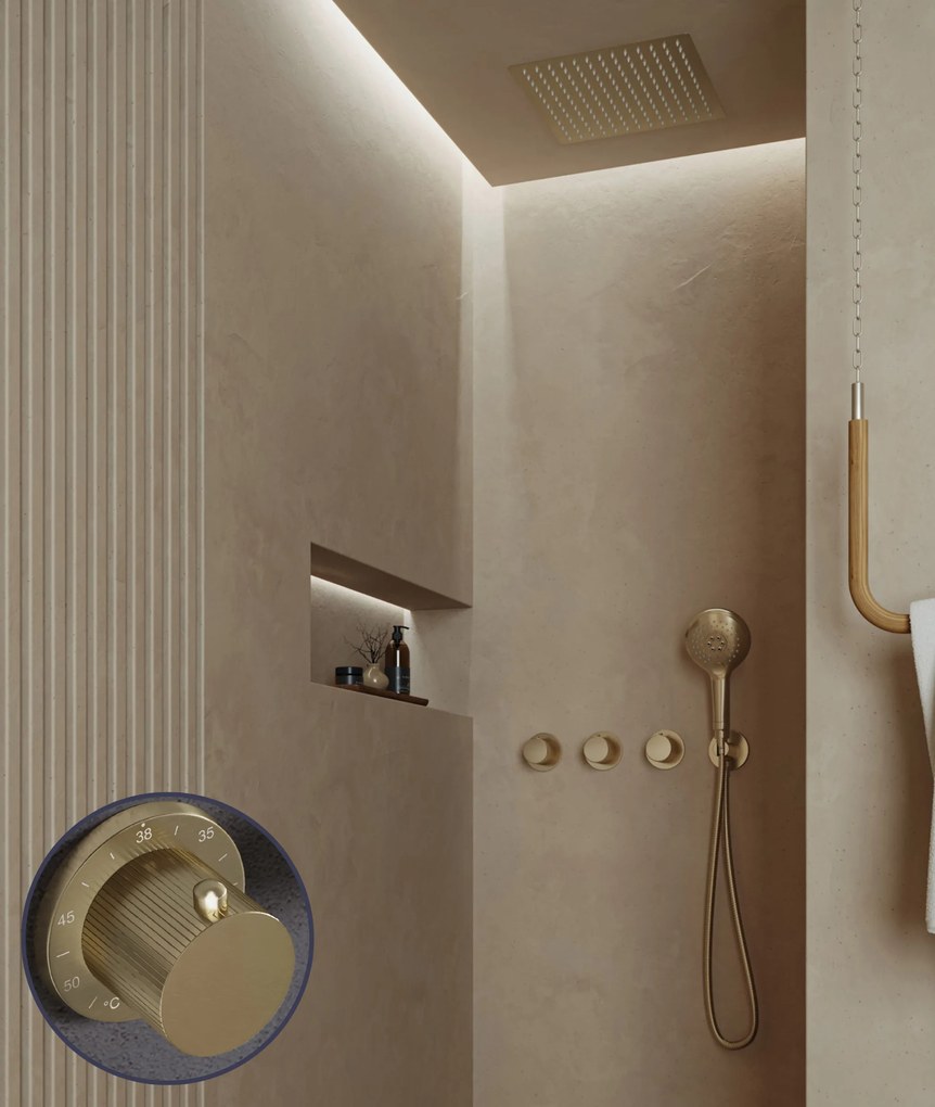 Saniclear Plus Stripes inbouw regendouche met inbouw douchekop 30x30cm en 2 standen handdouche geborsteld messing - mat goud
