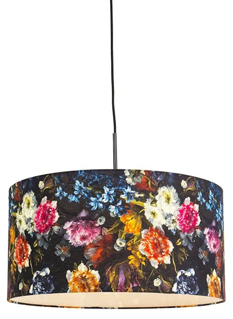 Stoffen Eettafel / Eetkamer Romantische hanglamp zwart met bloemen kap 50 cm - Combi 1 Modern E27 rond Binnenverlichting Lamp