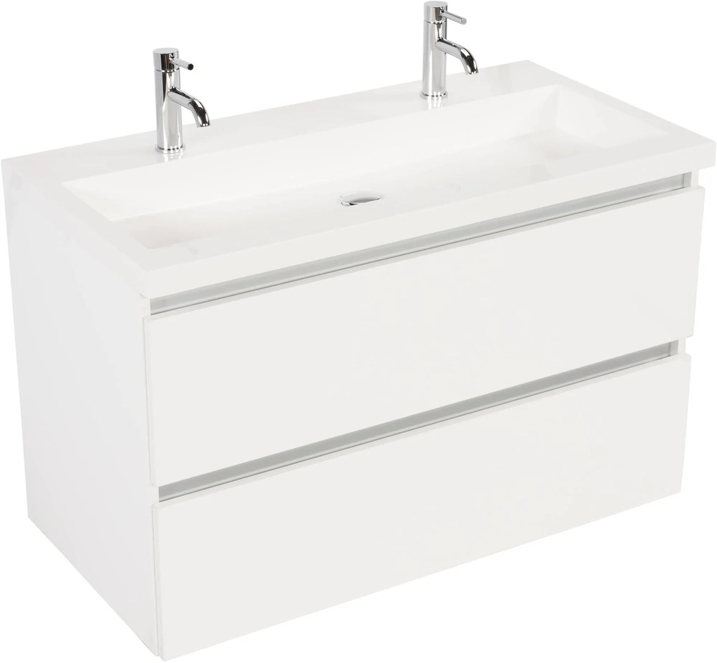 Saqu Gaia ondiep badmeubel incl. glans witte wastafel met 2 kraangaten 100x40x64cm glans wit – aluminium greeplijst