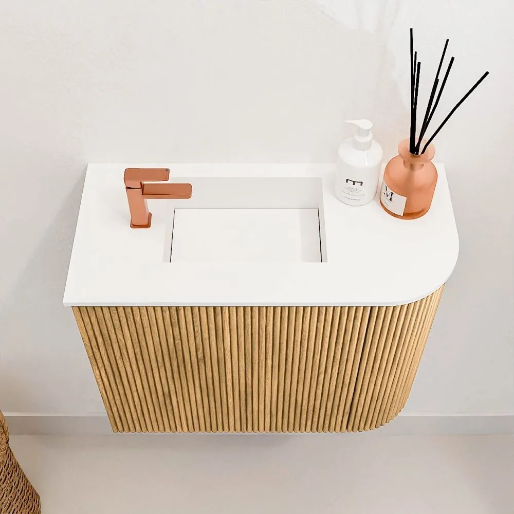 Mondiaz Joya 50cm toiletmeubel ronding rechts oak met wastafel faye links 1 kraangat talc