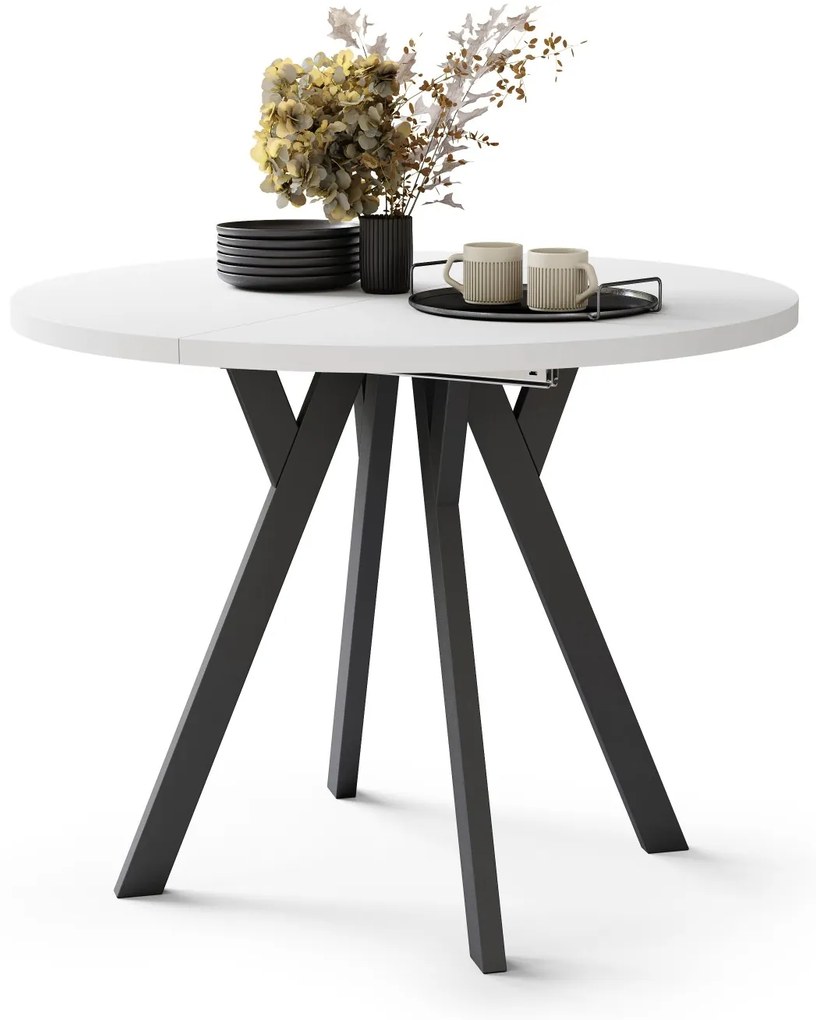 ALMO 100 Wit Mat/Zwarte poten - RONDE LOFT/INDUSTRIËLE TAFEL VOOR WOONKAMER/EETKAMER, UITSCHUIFBAAR