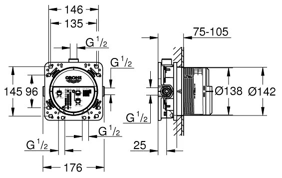 Grohe Grohtherm SmartControl inbouw regendouche vierkant plafondarm 20cm kop