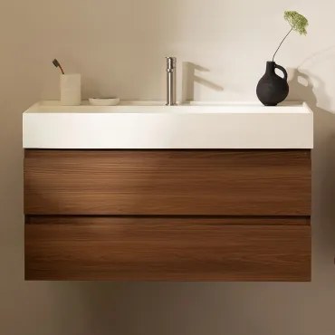 Badkamermeubelset Van Hout En Essenhoutfineer Met Geïntegreerde Wastafel Ona Donker Hout & Spiegelloze & Geborsteld Grijs ↑20 - Sklum